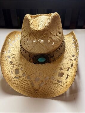 Vintage Western Woven Straw Cowboy Hat Turquoise Concho Faux Leather Band